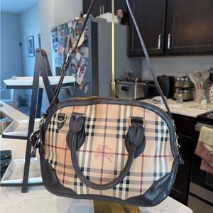 Burberry EUC Classic Check Bowling Bag with Dark Brown Leather Trim Comes w/COA